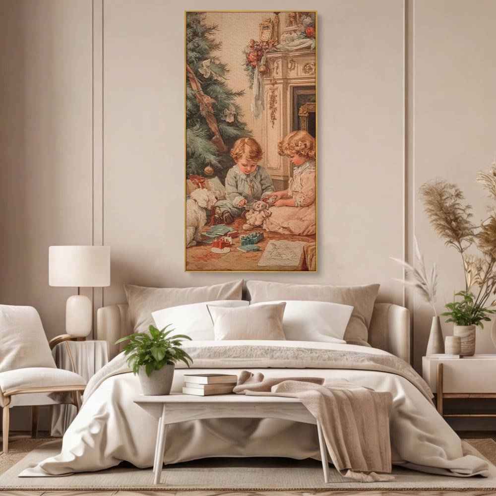 Tablou canvas cu ilustratie vintage cu copii langa bradul de craciun, in rama de aluminiu auriu, pe perete intr-un dormitor
